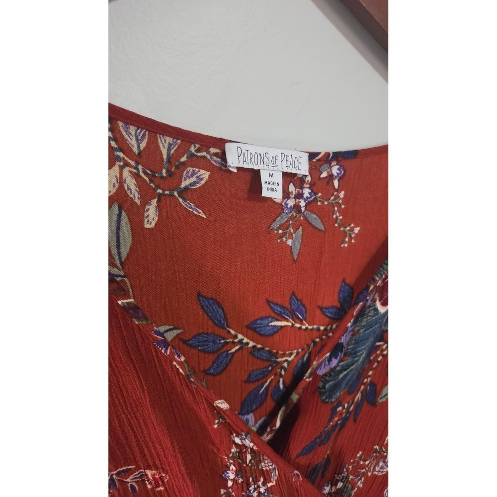 Patrons of Peace‎ Rust Floral Crinkle Rayon Wrap Maxi Dress Womens Medium - Picture 3 of 6